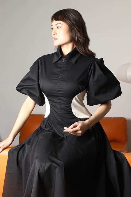 Leh Studios_Black Cotton Collared Raven Midi Dress With Contrast Side Panel _Online_at_Aza_Fashions