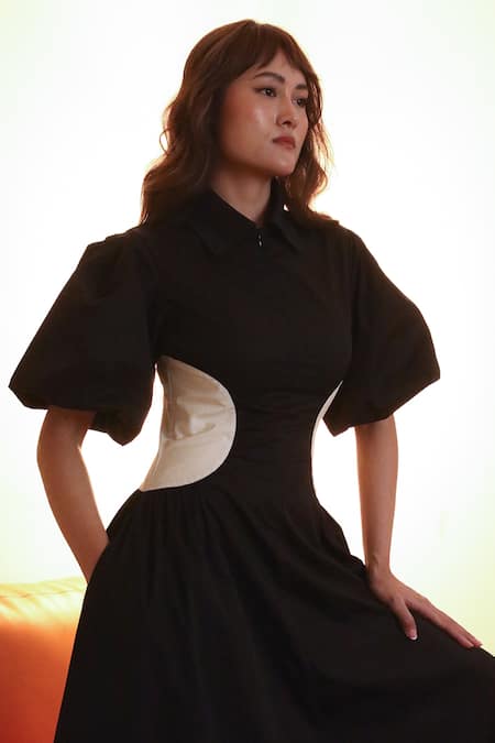 Buy_Leh Studios_Black Cotton Collared Raven Midi Dress With Contrast Side Panel _Online_at_Aza_Fashions