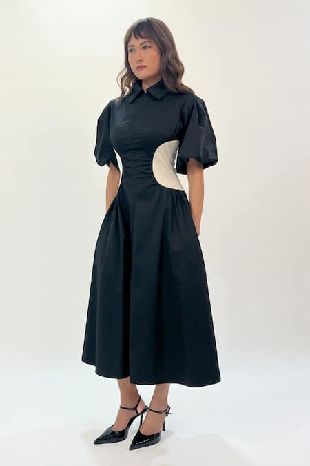 Shop_Leh Studios_Black Cotton Collared Raven Midi Dress With Contrast Side Panel _at_Aza_Fashions