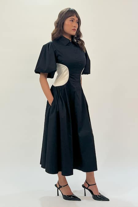 Shop_Leh Studios_Black Cotton Collared Raven Midi Dress With Contrast Side Panel _Online_at_Aza_Fashions