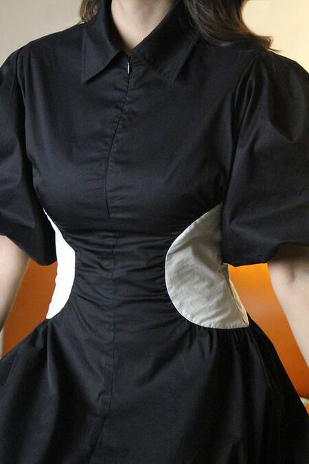 Leh Studios_Black Cotton Collared Raven Midi Dress With Contrast Side Panel _at_Aza_Fashions