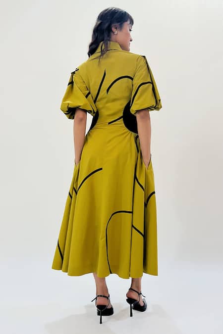 Shop_Leh Studios_Green Cotton Collared Contrast Side Panel Midi Dress _at_Aza_Fashions