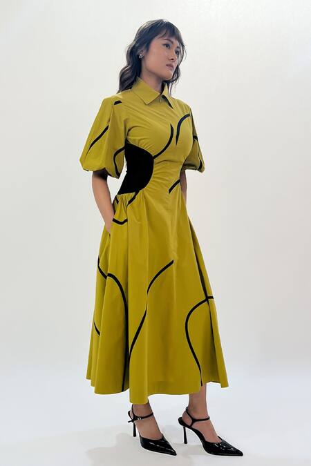 Leh Studios_Green Cotton Collared Contrast Side Panel Midi Dress _Online_at_Aza_Fashions