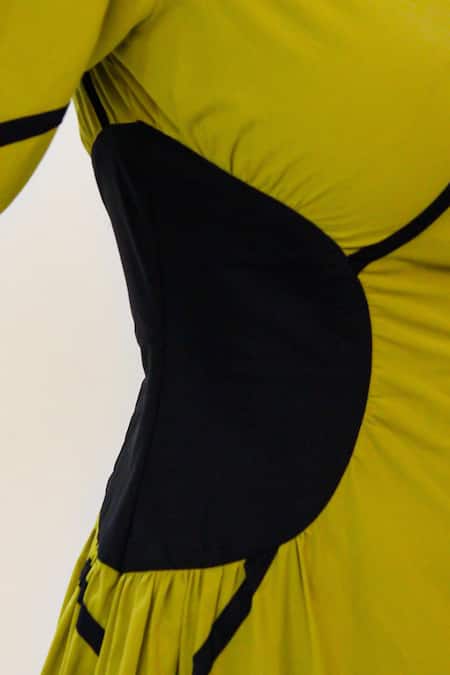 Buy_Leh Studios_Green Cotton Collared Contrast Side Panel Midi Dress _Online_at_Aza_Fashions