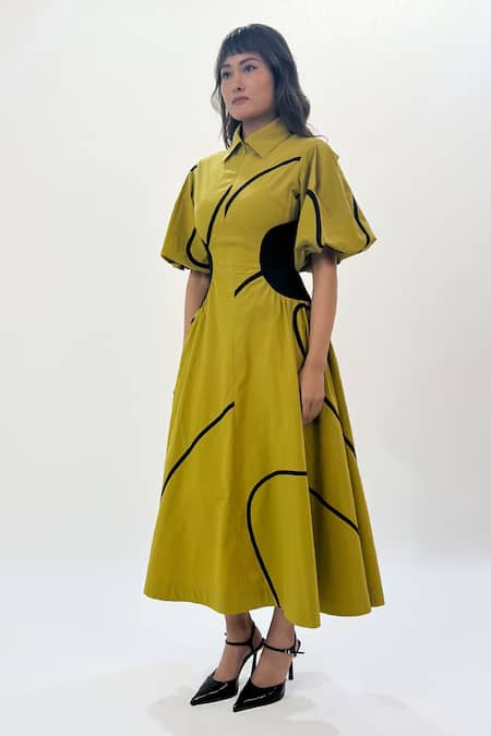 Shop_Leh Studios_Green Cotton Collared Contrast Side Panel Midi Dress _Online_at_Aza_Fashions