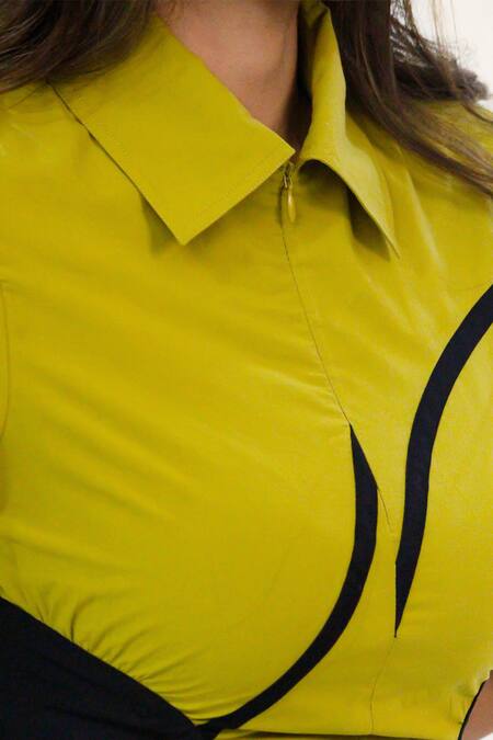 Leh Studios_Green Cotton Collared Contrast Side Panel Midi Dress _at_Aza_Fashions