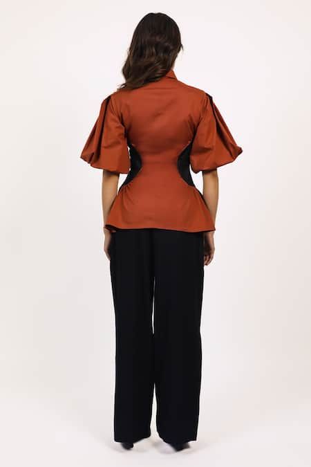 Shop Leh Studios Brown Cotton Collared Illusion Contrast Side Panel Top at Aza Fashions Shop_Leh Studios_Brown Cotton Collared Illusion Contrast Side Panel Top _at_Aza_Fashions