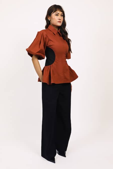 Shop Leh Studios Brown Cotton Collared Illusion Contrast Side Panel Top Online at Aza Fashions Shop_Leh Studios_Brown Cotton Collared Illusion Contrast Side Panel Top _Online_at_Aza_Fashions