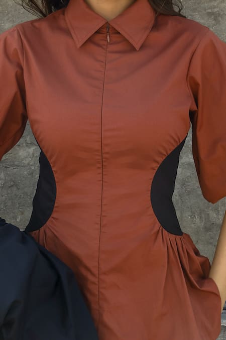 Leh Studios Brown Cotton Collared Illusion Contrast Side Panel Top at Aza Fashions Leh Studios_Brown Cotton Collared Illusion Contrast Side Panel Top _at_Aza_Fashions