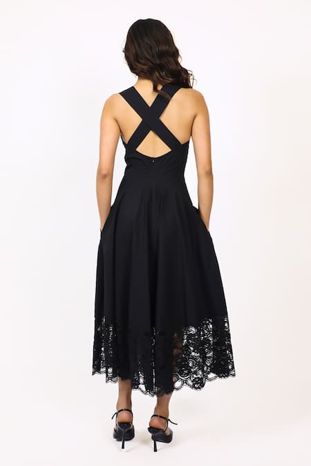 Shop Leh Studios Black Viscose, Cotton Lace Plunge Neck V Midi Dress at Aza Fashions Shop_Leh Studios_Black Viscose, Cotton Lace Plunge Neck V Midi Dress _at_Aza_Fashions