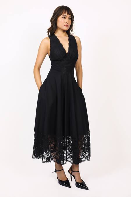 Leh Studios Black Viscose, Cotton Lace Plunge Neck V Midi Dress Online at Aza Fashions Leh Studios_Black Viscose, Cotton Lace Plunge Neck V Midi Dress _Online_at_Aza_Fashions