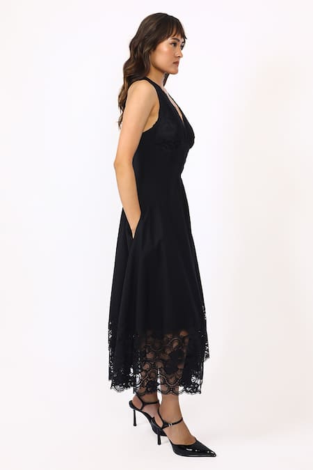 Buy Leh Studios Black Viscose, Cotton Lace Plunge Neck V Midi Dress Online at Aza Fashions Buy_Leh Studios_Black Viscose, Cotton Lace Plunge Neck V Midi Dress _Online_at_Aza_Fashions