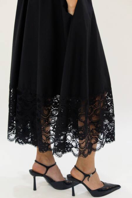 Shop Leh Studios Black Viscose, Cotton Lace Plunge Neck V Midi Dress Online at Aza Fashions Shop_Leh Studios_Black Viscose, Cotton Lace Plunge Neck V Midi Dress _Online_at_Aza_Fashions