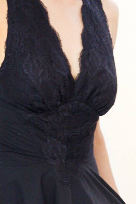 Leh Studios Black Viscose, Cotton Lace Plunge Neck V Midi Dress at Aza Fashions Leh Studios_Black Viscose, Cotton Lace Plunge Neck V Midi Dress _at_Aza_Fashions