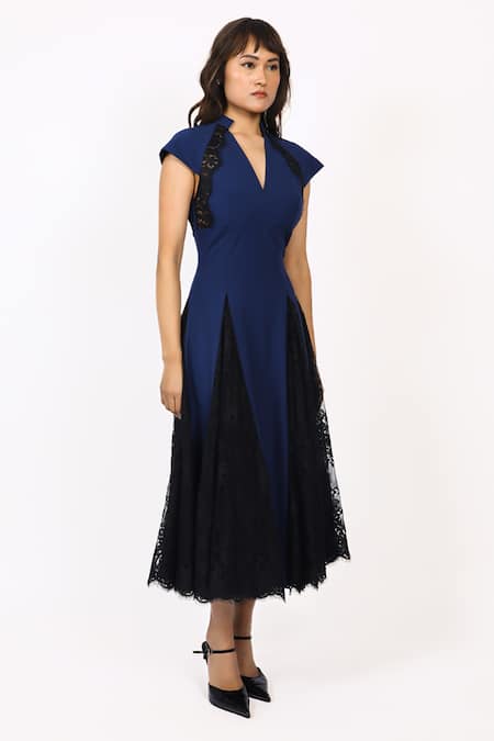 Leh Studios_Blue Viscose Lace Collared, V-neck Godet Midi Dress _Online_at_Aza_Fashions