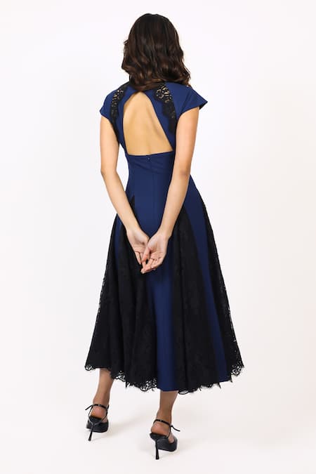 Shop_Leh Studios_Blue Viscose Lace Collared, V-neck Godet Midi Dress _at_Aza_Fashions