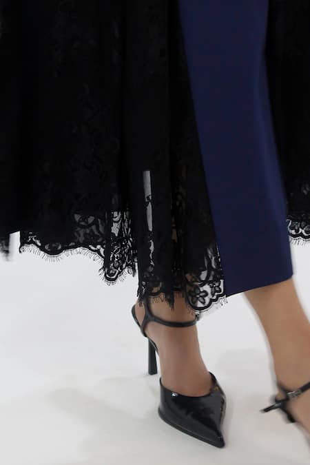 Buy_Leh Studios_Blue Viscose Lace Collared, V-neck Godet Midi Dress _Online_at_Aza_Fashions