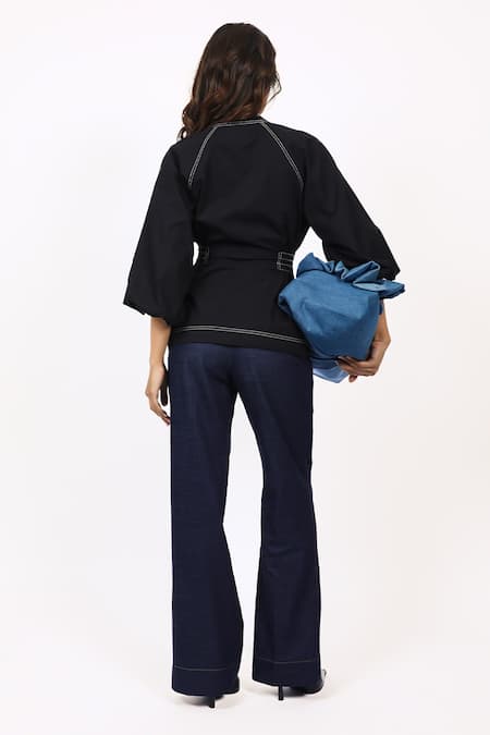 Shop_Leh Studios_Black Cotton Bandeau Neck Color Blocked Designer Top _at_Aza_Fashions