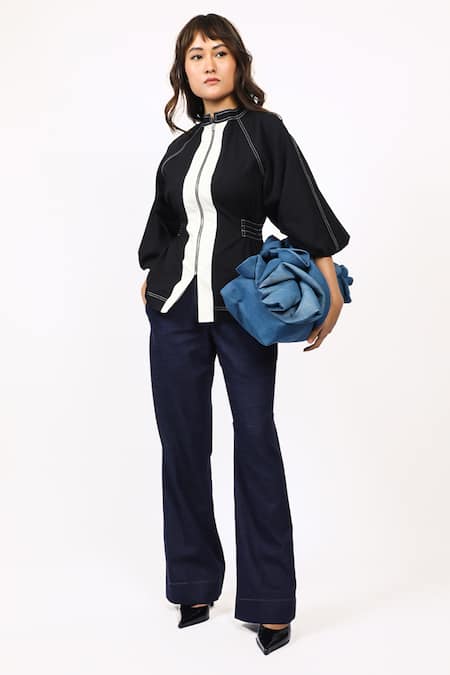 Buy_Leh Studios_Black Cotton Bandeau Neck Color Blocked Designer Top _Online_at_Aza_Fashions