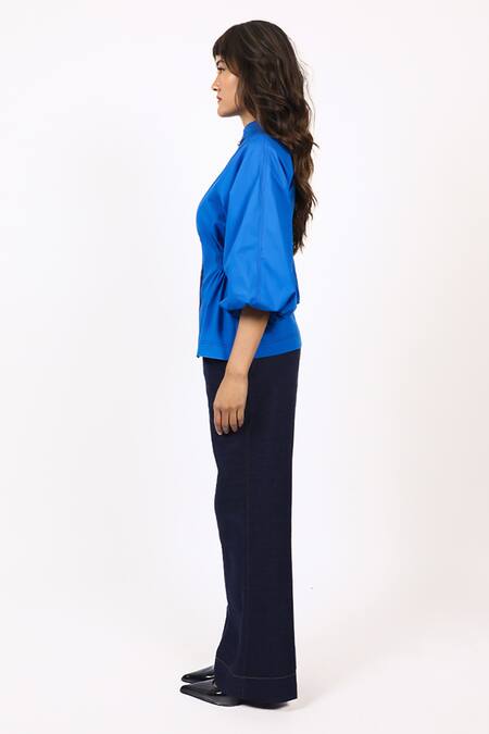 Leh Studios_Blue Cotton Bandeau Neck Color Block Panelled Top _Online_at_Aza_Fashions