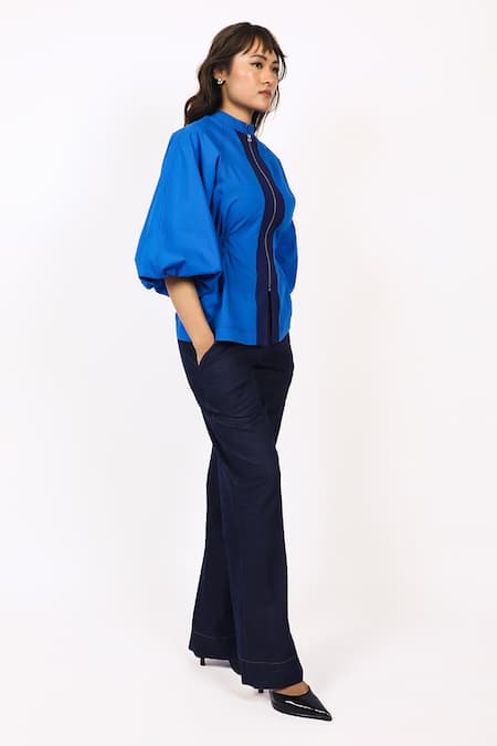 Buy_Leh Studios_Blue Cotton Bandeau Neck Color Block Panelled Top _Online_at_Aza_Fashions