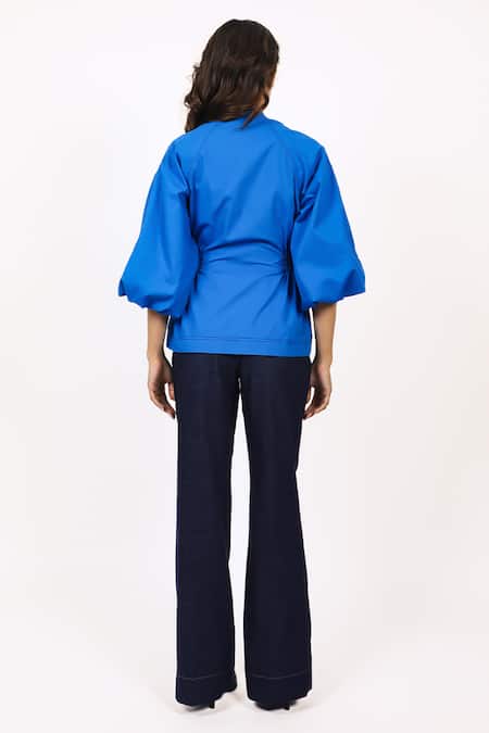 Shop_Leh Studios_Blue Cotton Bandeau Neck Color Block Panelled Top _at_Aza_Fashions