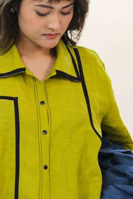 Leh Studios_Green Linen Collared Gathers Detailed Shirt _Online_at_Aza_Fashions