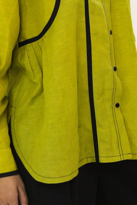 Buy_Leh Studios_Green Linen Collared Gathers Detailed Shirt _Online_at_Aza_Fashions