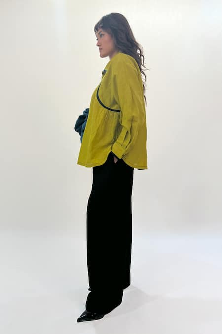 Leh Studios_Green Linen Collared Gathers Detailed Shirt _at_Aza_Fashions