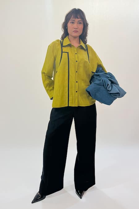 Buy_Leh Studios_Green Linen Collared Gathers Detailed Shirt 