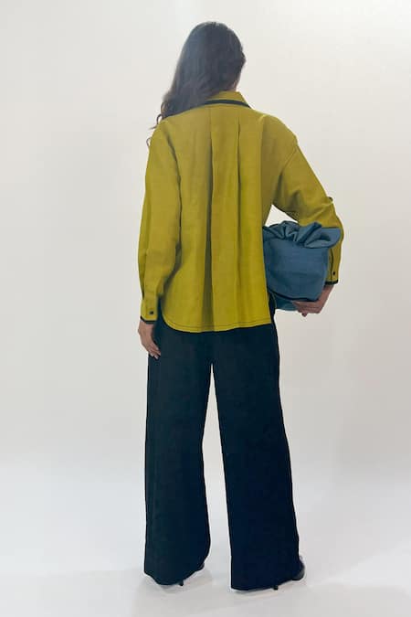 Shop_Leh Studios_Green Linen Collared Gathers Detailed Shirt _at_Aza_Fashions