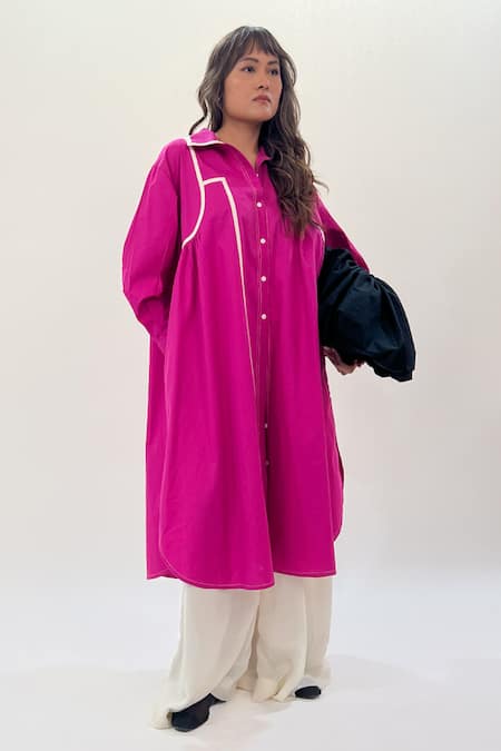 Leh Studios_Fuchsia Cotton Collared Pink Gathered Shirt Dress _Online_at_Aza_Fashions