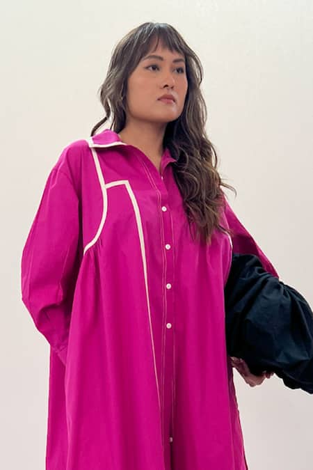 Buy_Leh Studios_Fuchsia Cotton Collared Pink Gathered Shirt Dress _Online_at_Aza_Fashions