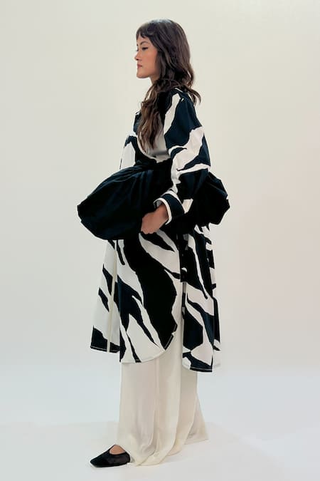 Shop_Leh Studios_Black Cotton Collared And White Curved Hem Shirt Dress _at_Aza_Fashions