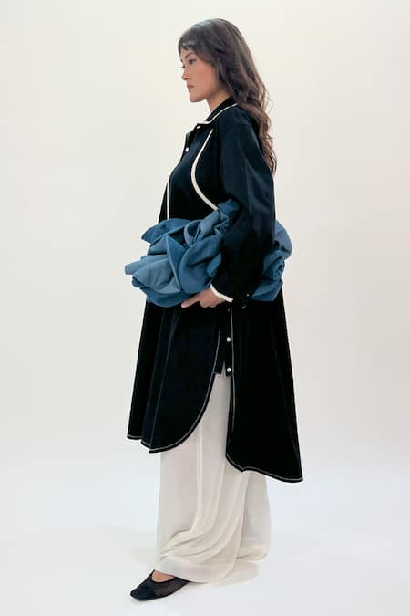 Leh Studios_Black Cotton Collared Curved Hem Shirt Dress _Online_at_Aza_Fashions