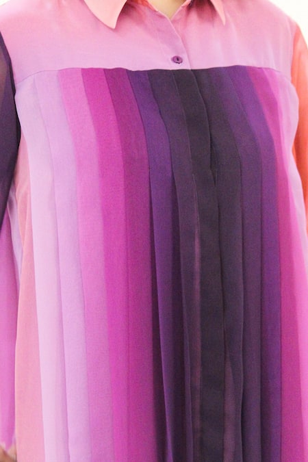 Leh Studios_Multi Color Viscose Collared Gradient Print Midi Dress _Online_at_Aza_Fashions