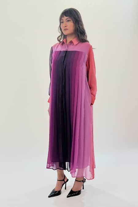 Buy_Leh Studios_Multi Color Viscose Collared Gradient Print Midi Dress _Online_at_Aza_Fashions