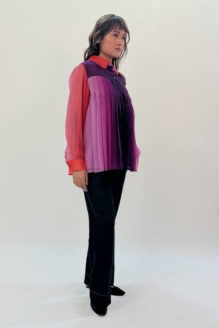 Leh Studios_Multi Color Viscose Collared Gradient Print Pleated Shirt _Online_at_Aza_Fashions