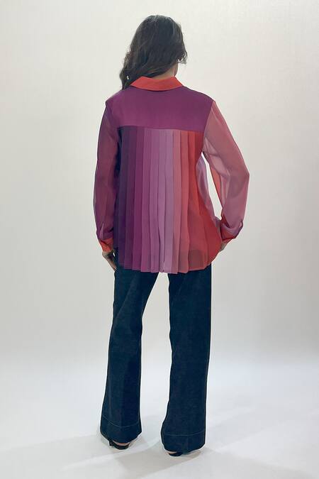 Shop_Leh Studios_Multi Color Viscose Collared Gradient Print Pleated Shirt _at_Aza_Fashions