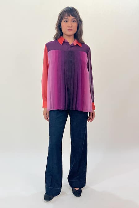 Buy_Leh Studios_Multi Color Viscose Collared Gradient Print Pleated Shirt _Online_at_Aza_Fashions