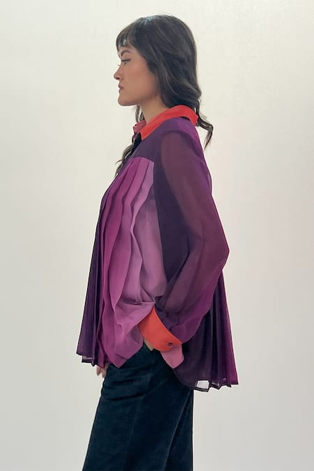 Shop_Leh Studios_Multi Color Viscose Collared Gradient Print Pleated Shirt _Online_at_Aza_Fashions