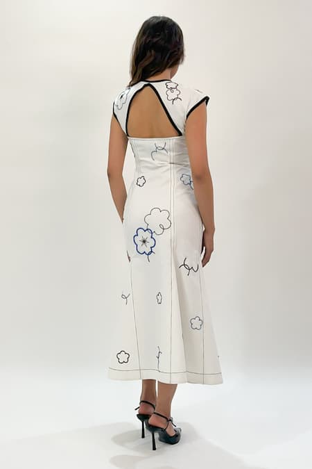 Shop_Leh Studios_White Cotton Beads, Sequins V-neck Floral Embellished Midi Dress _at_Aza_Fashions