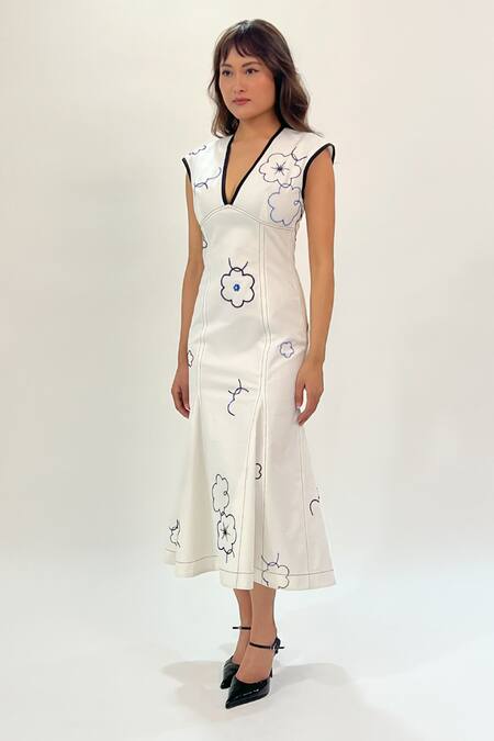 Buy_Leh Studios_White Cotton Beads, Sequins V-neck Floral Embellished Midi Dress _Online_at_Aza_Fashions