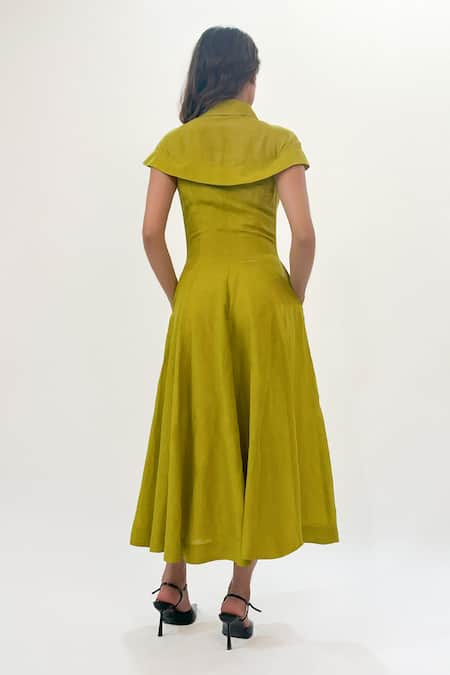 Shop_Leh Studios_Green Linen Collared Cap Sleeve Midi Dress _at_Aza_Fashions