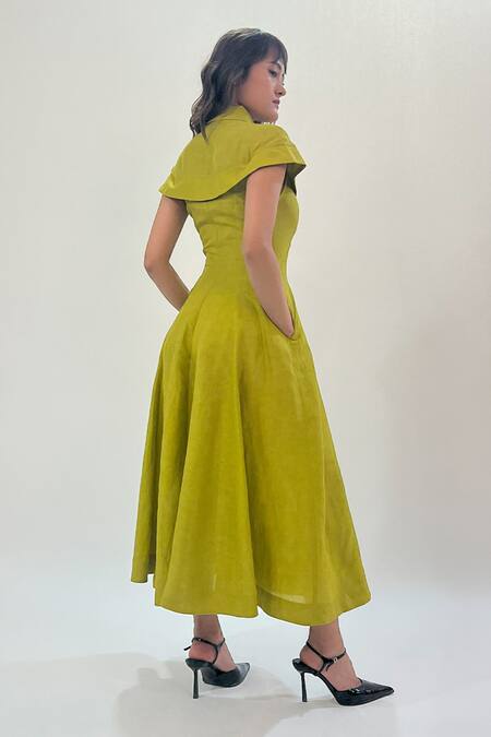 Leh Studios_Green Linen Collared Cap Sleeve Midi Dress _Online_at_Aza_Fashions