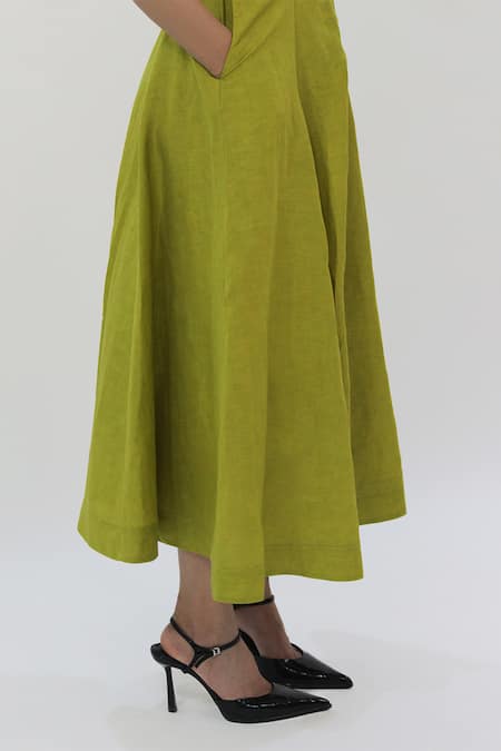 Buy_Leh Studios_Green Linen Collared Cap Sleeve Midi Dress _Online_at_Aza_Fashions