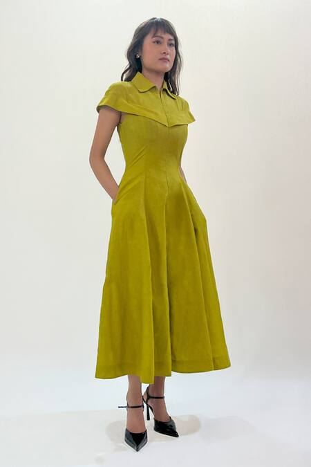Shop_Leh Studios_Green Linen Collared Cap Sleeve Midi Dress _Online_at_Aza_Fashions