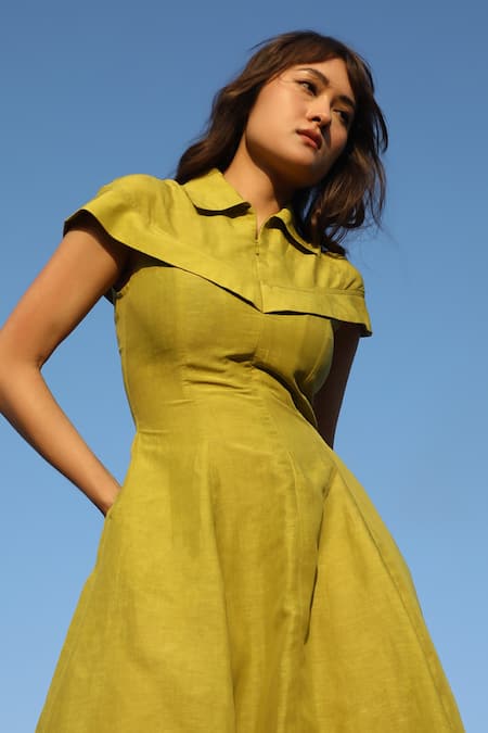 Leh Studios_Green Linen Collared Cap Sleeve Midi Dress _at_Aza_Fashions