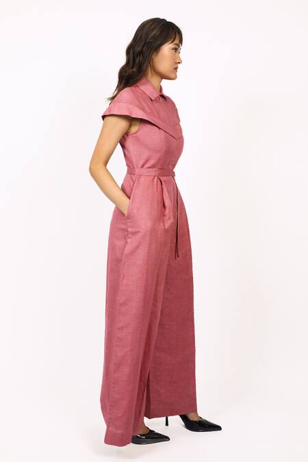 Buy_Leh Studios_Purple Linen Collared Cap Sleeve Jumpsuit _Online_at_Aza_Fashions