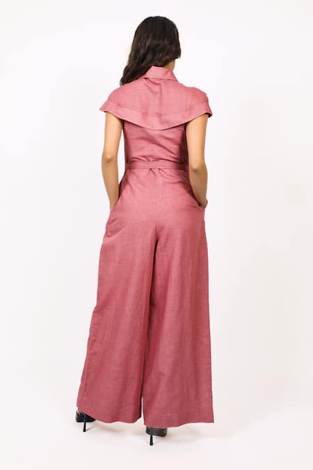Shop_Leh Studios_Purple Linen Collared Cap Sleeve Jumpsuit _at_Aza_Fashions